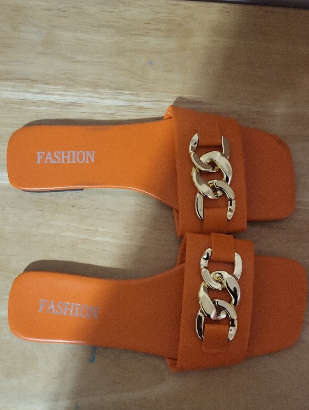 Orange Slide Sandals with Gold Chain Accent - Picture 3 of 3